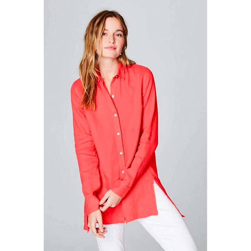 J.Jill Love Linen Tunic Top Coral Pink 100% Linen Long Sleeve Button Down Shirt